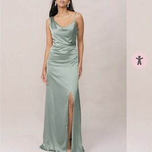 Revelry Satin Cowl Neck Slip Gown in Sage